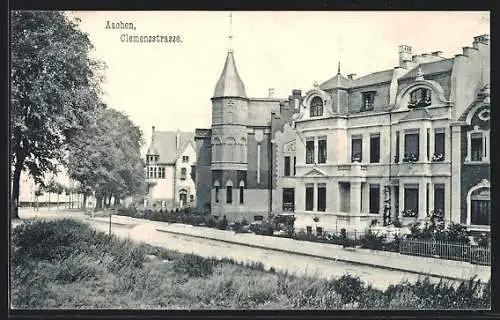 AK Aachen, Clemensstrasse mit Kirche