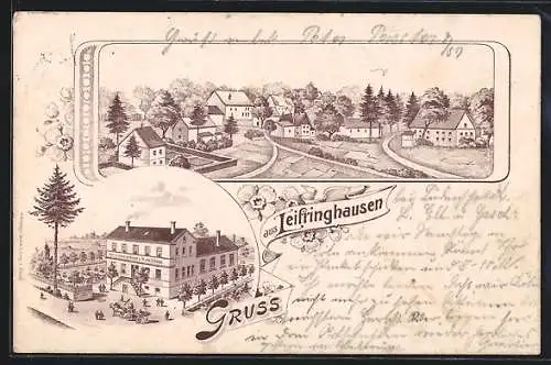 Lithographie Leifringhausen, Gasthaus Fr. von Schemm, Ortspartie