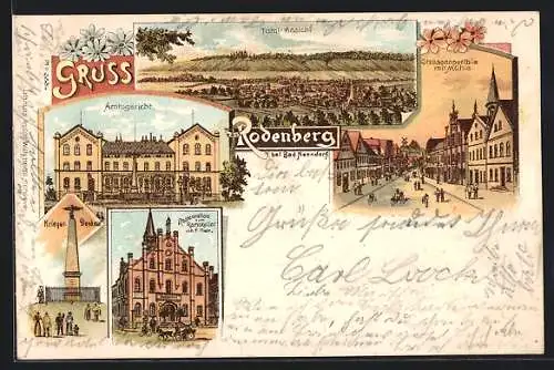 Lithographie Rodenberg / Deister, Restaurant zum Ratskeller, Amtsgericht, Krieger-Denkmal