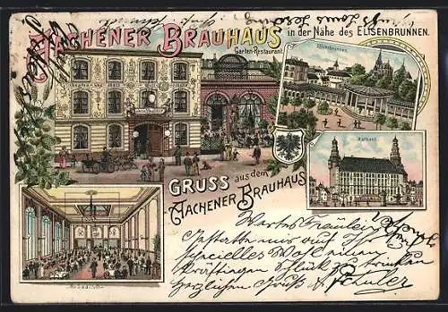 Lithographie Aachen, Garten-Restaurant Aachener Brauhaus, Inneres Saal, Elisenbrunnen