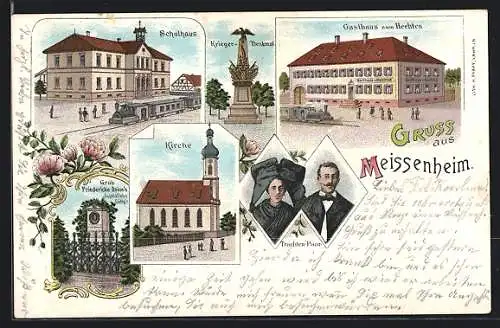Lithographie Meisenheim, Gasthaus zum Hechten, Schulhaus, Krieger-Denkmal