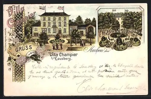 Lithographie Aachen, Hotel Villa Champier a. Lousberg, Garten