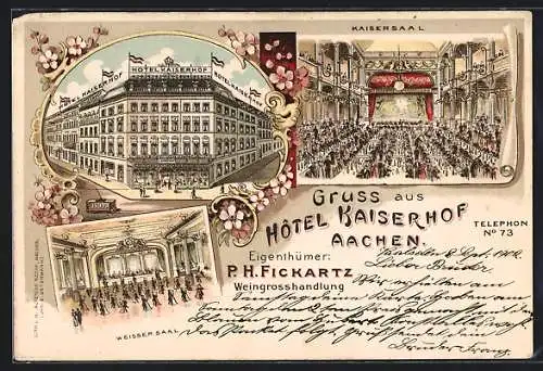 Lithographie Aachen, Hotel Kaiserhof, Innenansichten Kaisersaal und weisser Saal