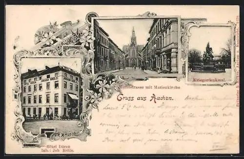 AK Aachen, Hotel Düren, Mittelstrasse mit Marienkirche, Kriegerdenkmal