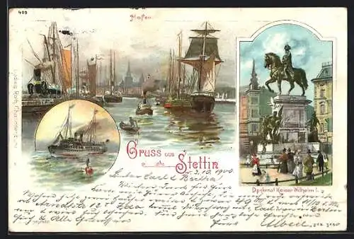 Lithographie Stettin, Denkmal Kaiser Wilhelm I. und Hafen mit Segelschiffen