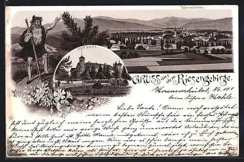 Lithographie Warmbrunn im Riesengebirge, Ortsansicht mit Kursaal, Wilder Mann