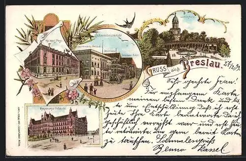 Lithographie Breslau, Liebichshöhe, Regierungsgebäude, kaiserl. Post, Schweidnitzerstr.