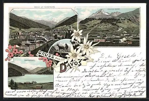 Lithographie Davos, Ortsansicht mit Tinzenhorn, Davosersee