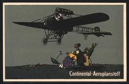 AK Flugzeug, Reklame für Continental-Aeroplanstoff, Küssendes Pärchen im Flugzeug