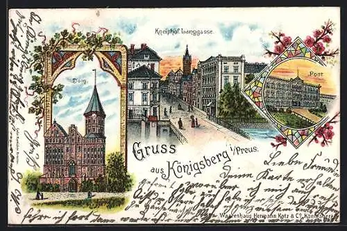 Lithographie Königsberg i. Preus., Kneiphof, Langgasse, Dom, Post