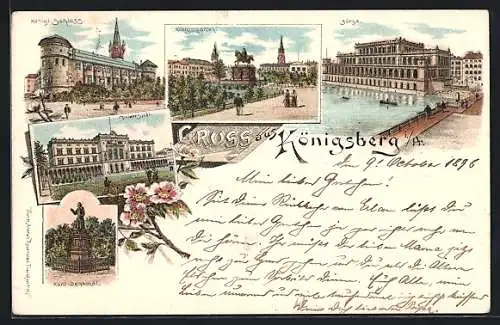 Lithographie Königsberg i. Pr., Königl. Schloss, Kant-Denkmal, Universität, Königsgarten, Börse