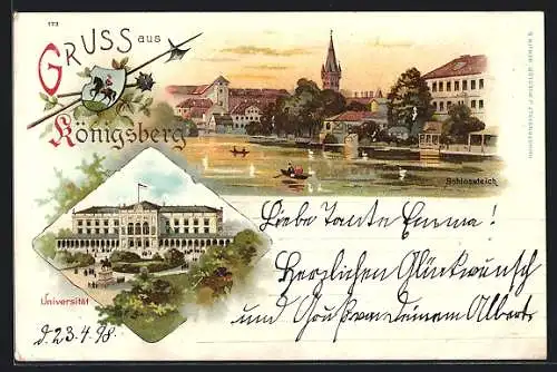 Lithographie Königsberg, Schlossteich mit Ruderbooten, Universität