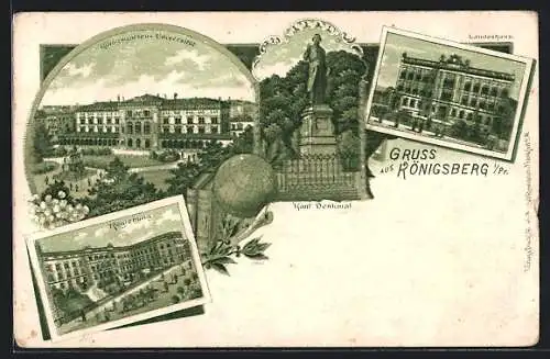 Lithographie Königsberg, Universität & Königsgarten, Regierung, Kant-Denkmal, Landeshaus