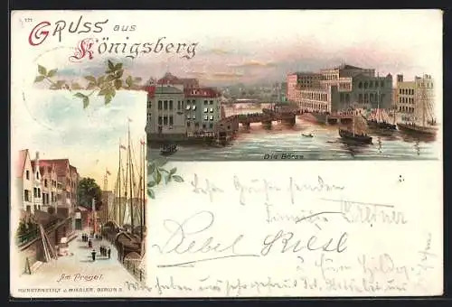 Lithographie Königsberg, Am Pregel, Die Börse, Boote