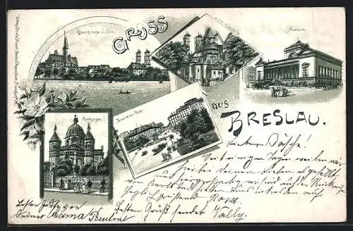 Lithographie Breslau, Synagoge, Museum, Tauentzien-Platz