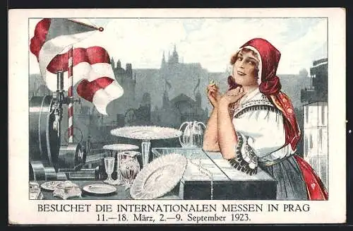 Künstler-AK Prag, Visitate la Fiera Campionaria Internazionale 1923, Frau in Tracht