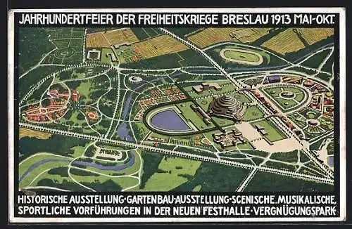 Künstler-AK Breslau, Ausstellung zur Jahrhundertfeier der Freiheitskriege 1913, Gelände aus der Vogelschau