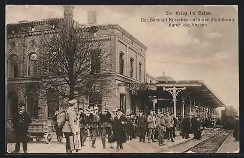 AK Korschen, Bahnhof nach der Zerstörung durch die Russen