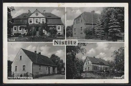 AK Nistitz, Försterei, Hanisch`s Warenhandlung, Schloss und Schule