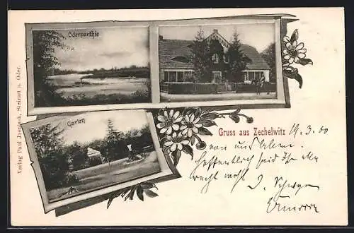 AK Zechelwitz, Dampfer auf der Oder, Garten, Wohnhaus