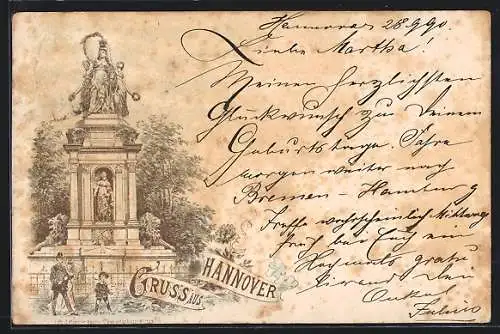 Vorläufer-Lithographie Hannover, Kriegerdenkmal, enthüllt 1884, Besucher