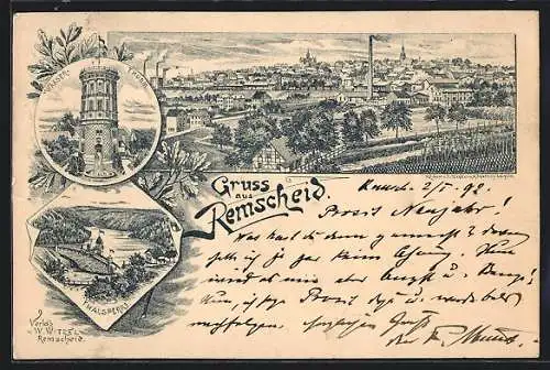 Vorläufer-Lithographie Remscheid, 1892, Wasserthurm, Stadt-Panorama, Thalsperre