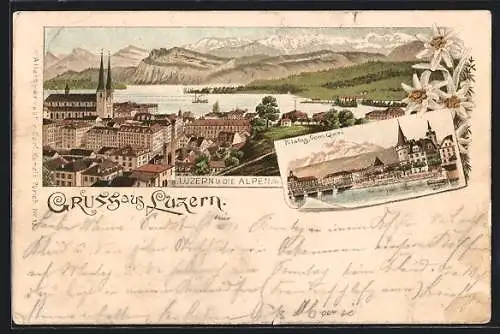 Vorläufer-Lithographie Luzern, 1893, Gesamtansicht, Pilatus vom Quai aus