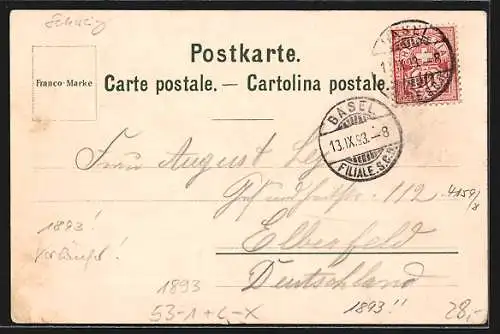 Vorläufer-Lithographie Luzern, 1893, Gesamtansicht, Pilatus vom Quai aus