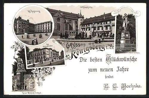 Vorläufer-Lithographie Königsberg, 1894, Schlosskirche, Komandantur & Kant-Denkmal