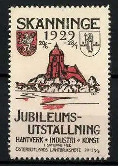 Reklamemarke Skänninge, Jubileums-Utställing v. Hantverk, Industri & Kunst 1929, Kirche & Wappen