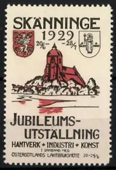 Reklamemarke Skänninge, Jubileums-Utställing v. Hantverk, Industri & Kunst 1929, Kirche & Wappen