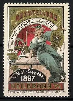 Reklamemarke Heilbronn a. N., Ausstellung f. Kunst, Industrie & Gewerbe 1897, Göttin mit Wappen