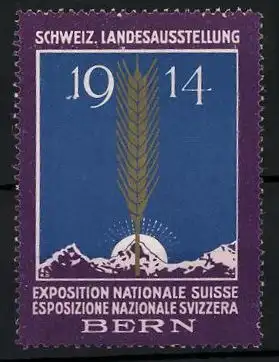 Reklamemarke Bern, Schweiz. Landesausstellung 1914, Getreideähre & Gebirgswand