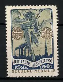 Reklamemarke Riga, Jubiläums-Ausstellung 1901, Goldene Medaille, Engel und Stadtsilhouette