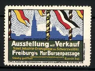 Reklamemarke Freiburg i. B., Ausstellung sämtl. Industrie-Erzeugnisse des Schwarzwaldes mit Verkauf, Kirche & Flaggen