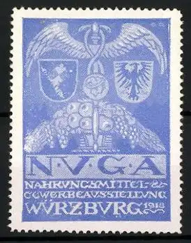 Reklamemarke Würzburg, Nahrungsmittel-Gewerbe-Ausstellung 1918, Hermesstab mit Wappen & Obstkorb