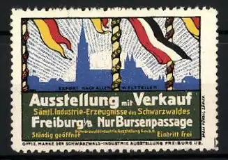 Reklamemarke Freiburg i. B., Ausstellung sämtl. Industrie-Erzeugnisse des Schwarzwaldes mit Verkauf, Kirche & Flaggen