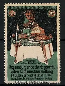 Reklamemarke Regensburg, Gastwirtsgewerbl. Fach- und Kochkunstausstellung 1912, Gast sitzt an einem gedeckten Tisch