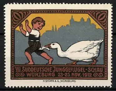 Reklamemarke Würzburg, Süddeutsche Junggeflügel-Schau 1912, Gans pickt einem Buben in die Hose
