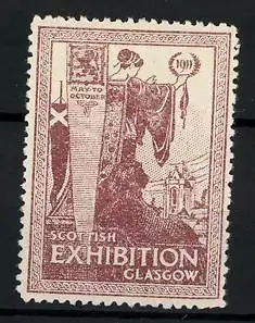 Reklamemarke Glasgow, Scottish Exhibition 1911, Göttin mit Ehrenkranz predigt am Stadtrand