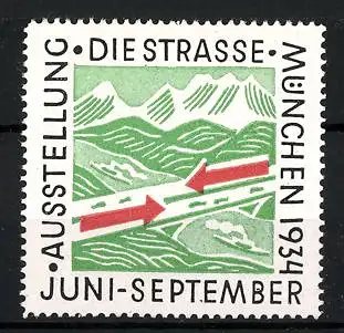 Reklamemarke München, Ausstellung Die Strasse 1934, Bergstrasse mit Pfeilen