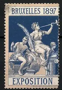 Reklamemarke Bruxelles, Exposition de Bruxelles 1897, Schmied mit Amboss und Hermes mit Posaune