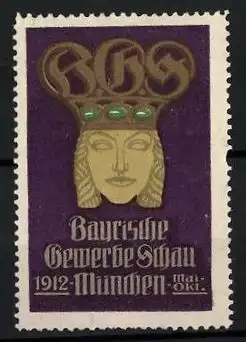 Reklamemarke München, Bayrische Gewerbe-Schau 1912, Frauenplastik mit Messelogo