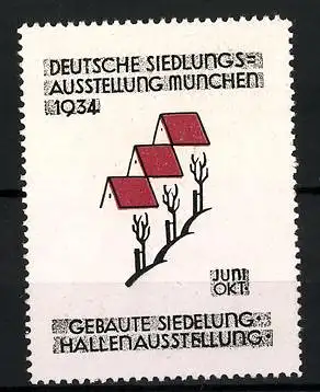 Reklamemarke München, Deutsche Siedlungs-Ausstellung 1934, drei Häuser mit Bäumen