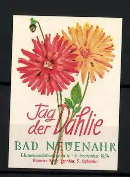 Reklamemarke Bad Neuenahr, Blumenausstellung & Tag der Dahlie 1954, zwei Blumen
