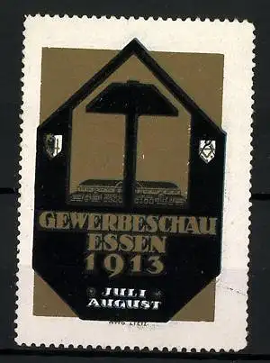 Reklamemarke Essen, Gewerbeschau 1913, Gebäude, Hammer, Wappen