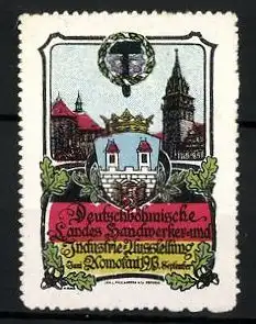 Reklamemarke Komotau, Deutschböhmische Landes-Handwerker- und Industrie-Ausstellung 1913, Stadtansicht & Wappen
