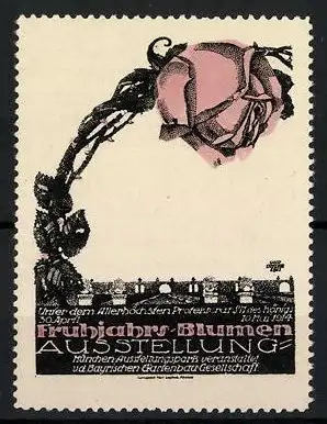 Künstler-Reklamemarke Otto Ottler, München, Frühjahrs-Blumen-Ausstellung 1914, Rose ragt über die Stadt