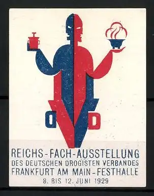 Reklamemarke Frankfurt a. M., Reichs-Fach-Ausstellung des deutschen Drogisten-Verbandes 1929, Messelogo Firgur