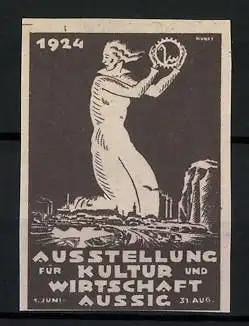 Reklamemarke Aussig, Ausstellung für Kultur und Wirtschaft 1924, Ortsansicht und Mann mit Messelogo